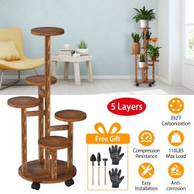 5 Tier Plant Stand with 4 Detachable Wheels Wooden Plant Pot Rolling Shelf Plant Display Rack