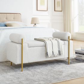 Elegant Upholstered Linen Storage Bench with Cylindrical Arms and Iron Legs (White)