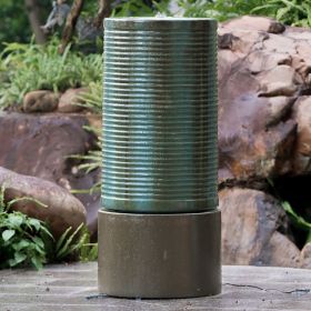 Large Concrete Cylinder Green & Brown Ribbed Water Fountain, Outdoor Bird Feeder