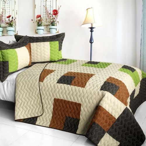 [Initial Dream] 3PC Vermicelli - Quilted Patchwork Quilt Set (Full/Queen)