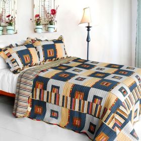 [Dim light] Cotton 3PC Vermicelli-Quilted Plaid Patchwork Quilt Set (Full/Queen)