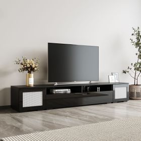 ON-TREND Rattan Style Entertainment Center with Push to Open Doors, 3-pics Extended TV Console Table for TVs Up to 90''