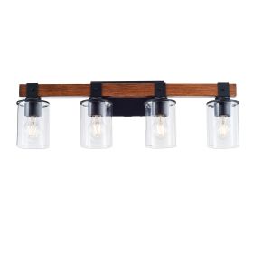 4-Light E26 Bulb Industrial Style Farmhouse Wall Light , Rustic Wood Bathroom Vanity Lights with Clear Glass, Modern Iron Wall Sconce for Bedroom