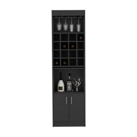Bar Double Door Cabinet, Sixteen Built-in Wine Rack, Concealable Serving Tray, One Shelf, Black