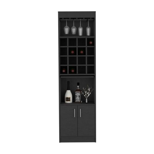 Bar Double Door Cabinet, Sixteen Built-in Wine Rack, Concealable Serving Tray, One Shelf, Black