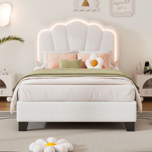 Twin Size Upholstered Flower-Shape Bed, Elegant Flowers Headboard with LED Light Strip , Sherpa Fabric Platform Bed with Wooden Slats Support, White