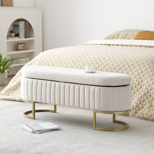 Storage Bench Bedroom Bench, Velvet Oval Upholstered End of Bed Bench with Golden Metal Legs,50"Modern Storage Ottoman Bench for Bedroom, Living Room