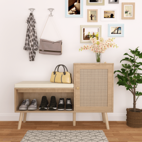 2-in-1 Shoe Storage Bench, Natural Rattan Shoe Cabinet Seat Cushion, Modern Entryway Bench