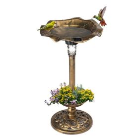 Outdoor Solar Lighted Pedestal Bird Bath Fountain Decoration with Planter and Feeder