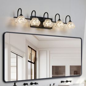 Retro 5-Light Bathroom Vanity Light Fixture - Black Finish with Crystal Glass Shades, Wall Mounted Lighting for Bathroom, Powder Room