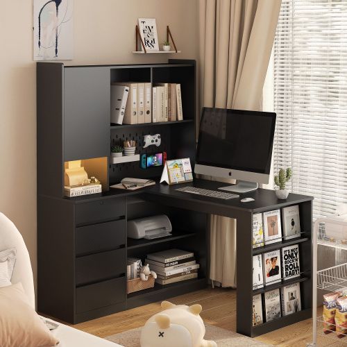 L Shaped Desk,Computer Desk with Drawers,Bookshelf & Hutch,with LED Light,Modern Corner Desk,Home Office Desk,L-Shaped Study Table Writing Desk L Shaped Desk,Computer Desk with Drawers,Bookshelf & Hutch,with LED Light,Modern Corner Desk,Home Office Desk,L-Shaped Study Table Writing Desk