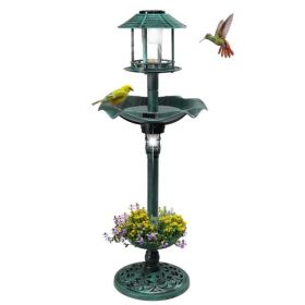 Solar Lighted Pedestal Bird Bath Resin Fountain Decoration with Planter and Feeder