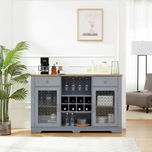 Modern Farmhouse Buffet Cabinet, Sideboard with 2 Drawers, Wine and Glass Rack