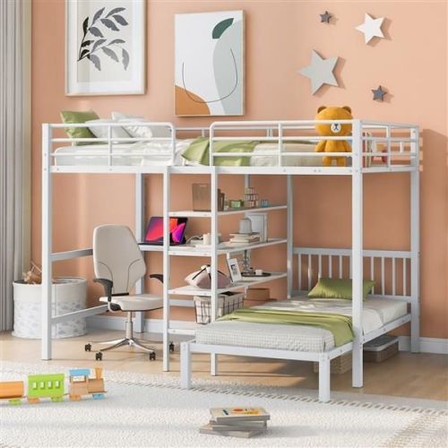 Full Over Twin Metal Bunk Bed with Built-in Desk, Shelves and Ladder, White Full Over Twin Metal Bunk Bed with Built-in Desk, Shelves and Ladder, White