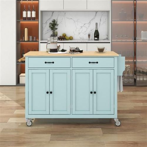 Kitchen Island Cart with 4 Door Cabinet and Two Drawers - Solid Wood Top (Mint Green)