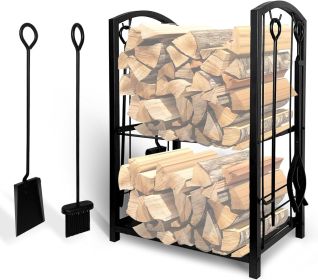 Indoor Firewood Rack with 4-Piece Fireplace Tools Set, 2-Layer Firewood Rack