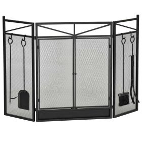 3-Panel Folding Fireplace Screen with 2 Magnetic Doors and Fire Place Tools Set, Fire Spark Guard for Wood Burning, with Brush, Shovel, Poker