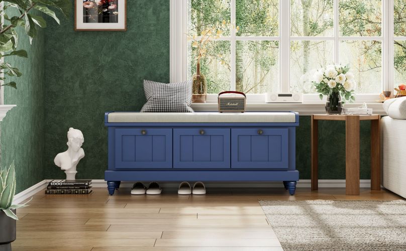 TREXM Classic Storage Bench with Cushioned Seat (Navy Blue)