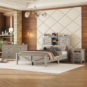 3-Pieces Bedroom Sets Full Size Farmhouse Platform Bed with Sliding Door Storage