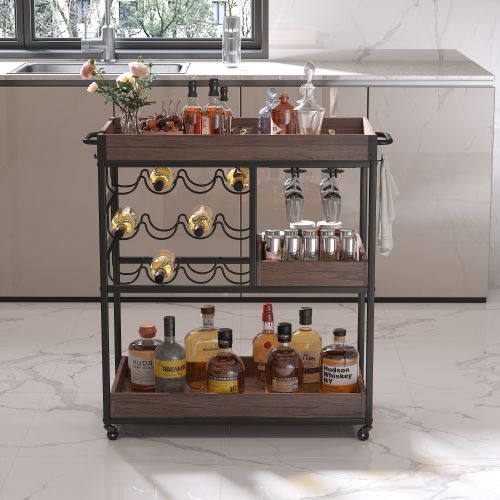 3 Tier Industrial Rolling Serving Cart, Wine Rack with Glass Holder