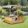 Outsunny Wooden Kids Sandbox with Cover, Children Outdoor Sand Box with Foldable Bench Seats, Adjustable Canopy, Bottom Liner for Outdoor, Brown